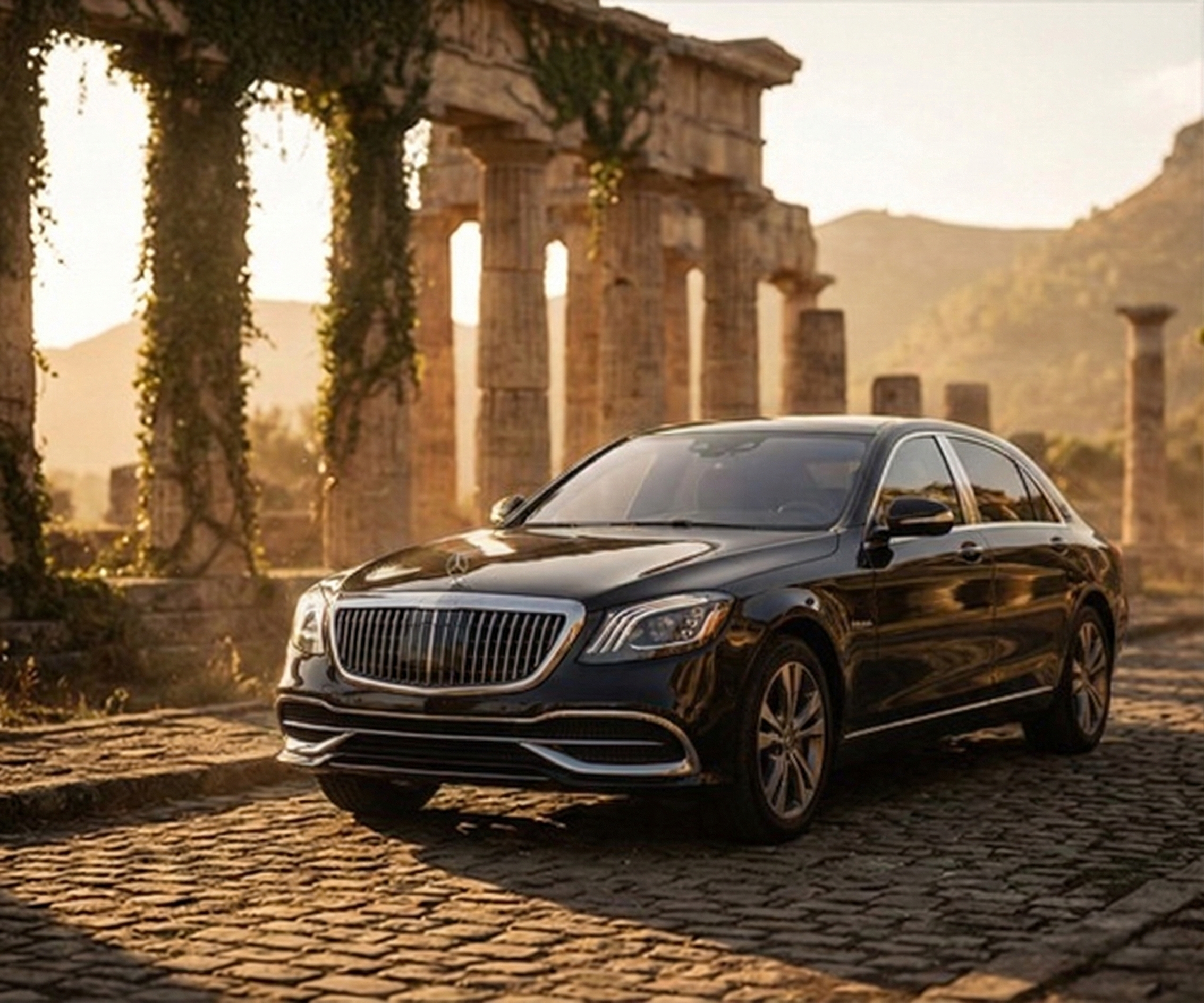 Luxury car among Greek columns